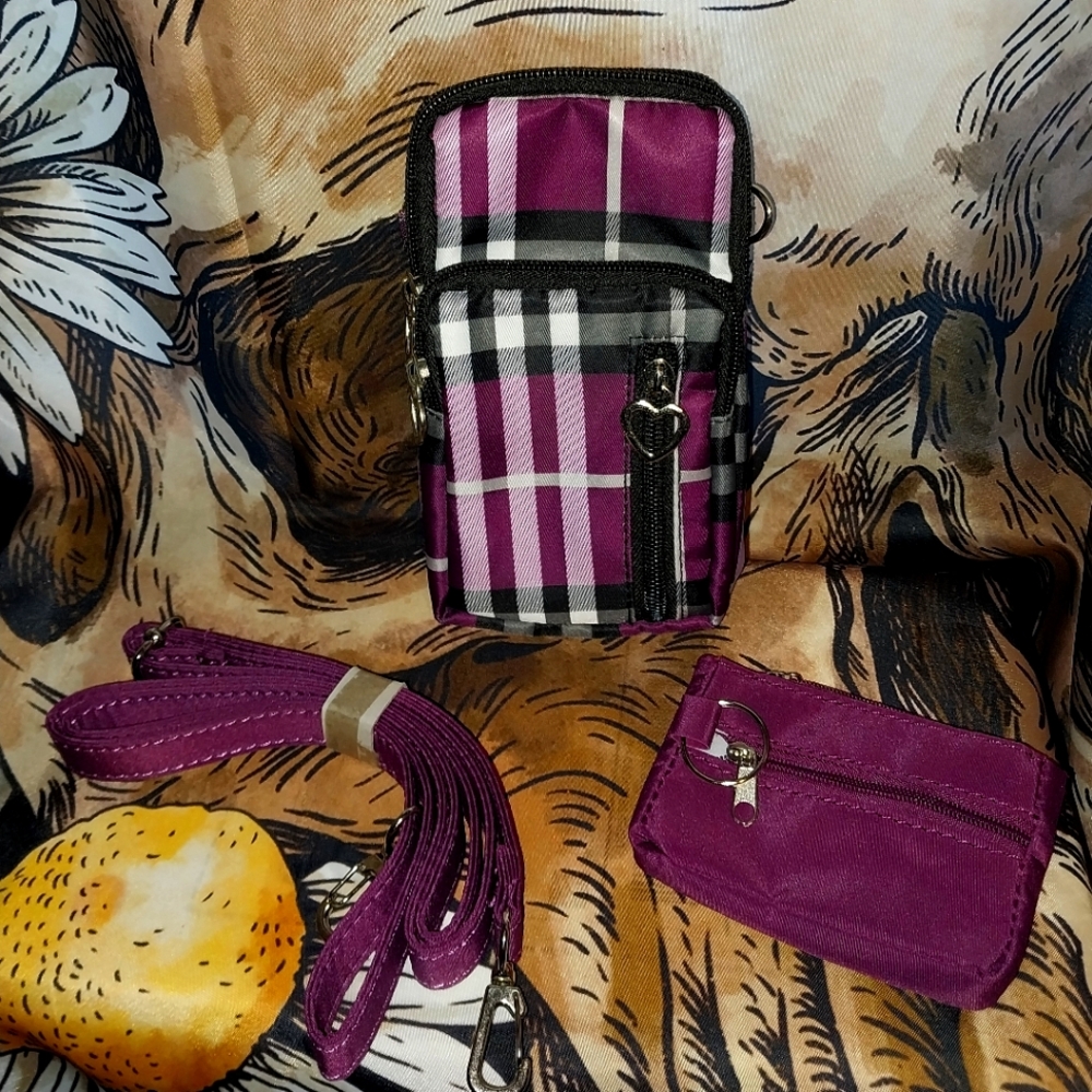 Purple Plaid Wallet Bag Set For Smart Phones With Coin Purse